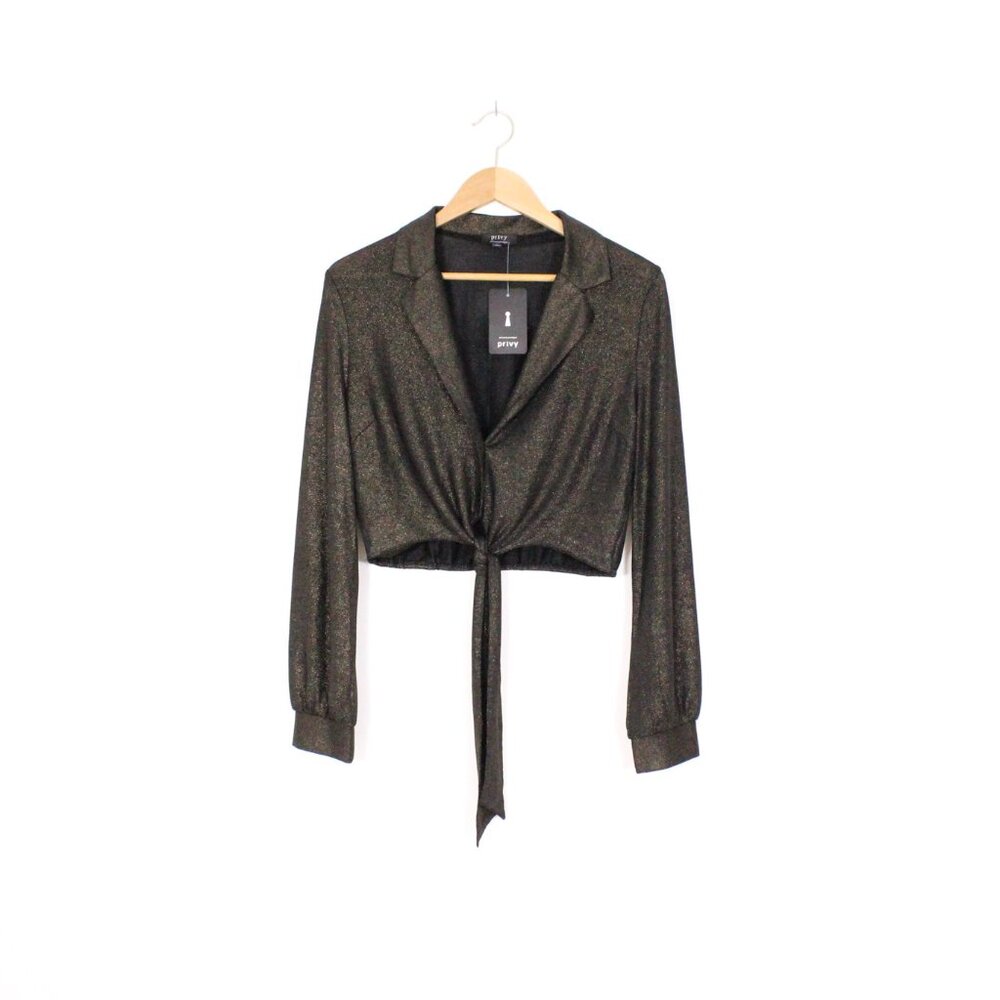 *Privy Deep V Neck Button Up Front Tie Long Sleeve NWT